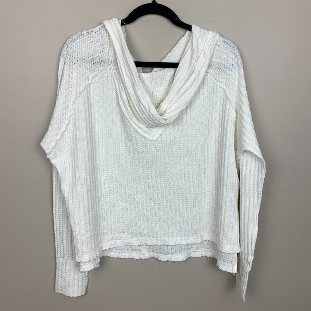 Free People We the Free White Waffle Knit Boxy Long Sleeve Cowl Neck Top Size S